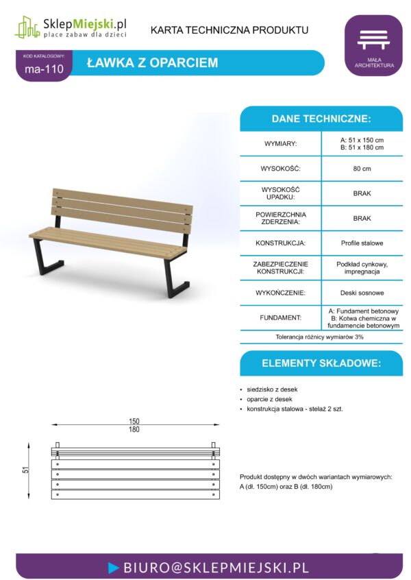 Karta techniczna ma-110 Ławka z oparciem, konstrukcja Profile stalowe, kolor czarny, Deski sosnowe