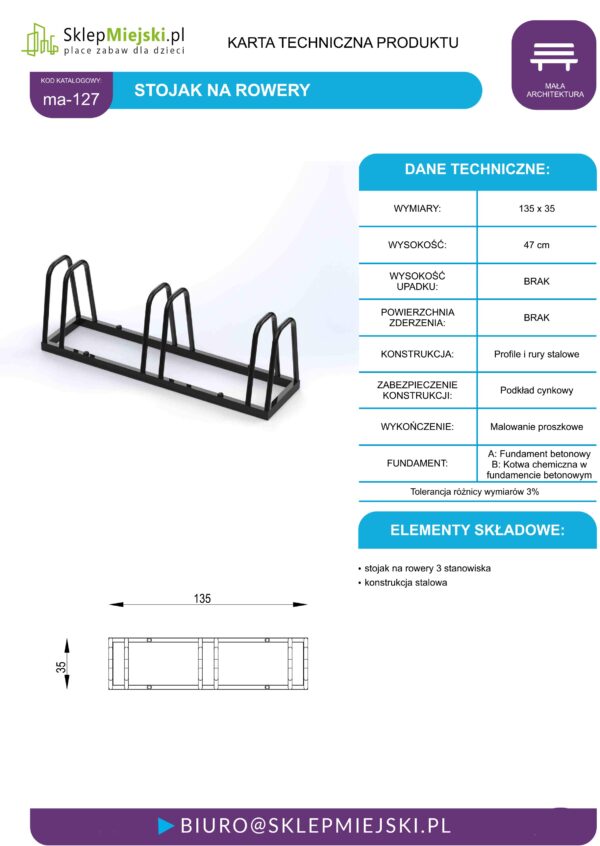 Karta techniczna ma-127 Stojak rowerowy, konstrukcja Profile i Rury stalowe, kolor czarny